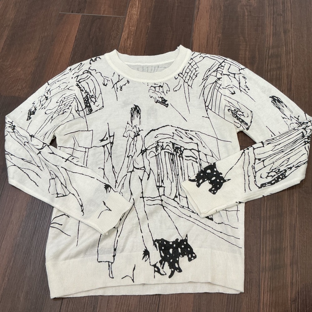 Unbranded Artistic Sketch Print 100% Wool Sweater White Black Dog Art Small S
